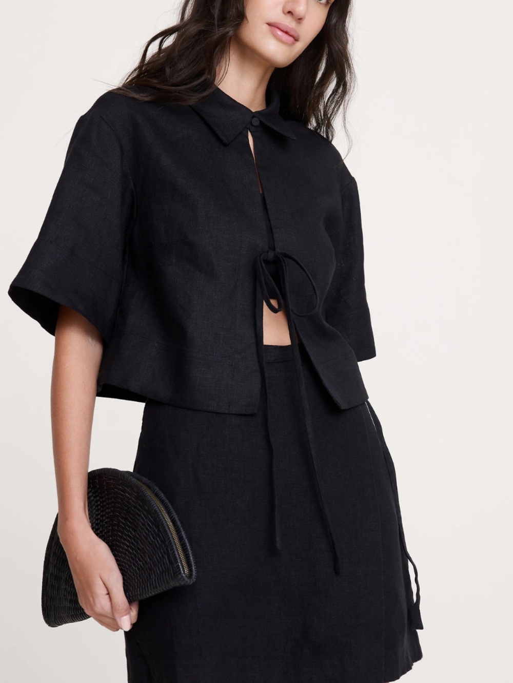 Banana Republic Black Cropped Tie-Front Linen Top